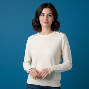 J. Crew Ivory Cotton Ruffle Rhinestone Sweater Size Large